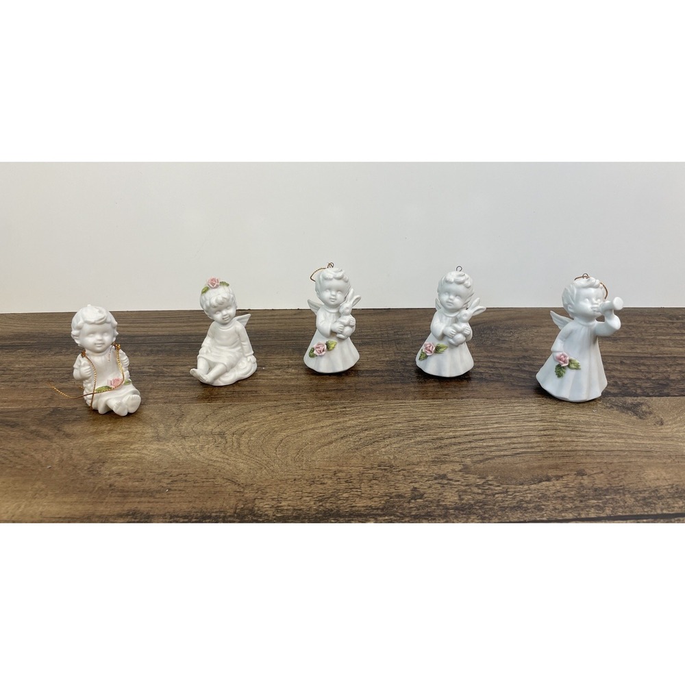 Lot Of 5 White Ceramic 3" Child Angel Figurine Ornaments Halo Wings Roses